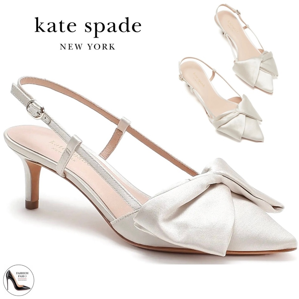 Kate Spade Marseille Ivory White Satin Bow Slingback Pumps Kitten Heel Shoes 8